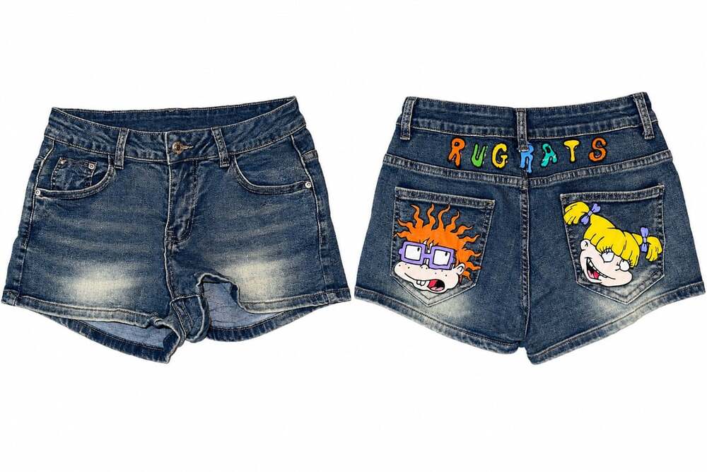 Nick 90s X ROMWE Rugrats Denim Shorts Size M Blue Cartoon Pocket